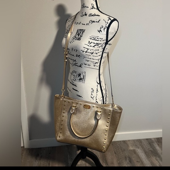MICHAEL KORS Gold Saffiano Metal Studded Sandrine Large Tote Crossbody - Picture 2 of 10